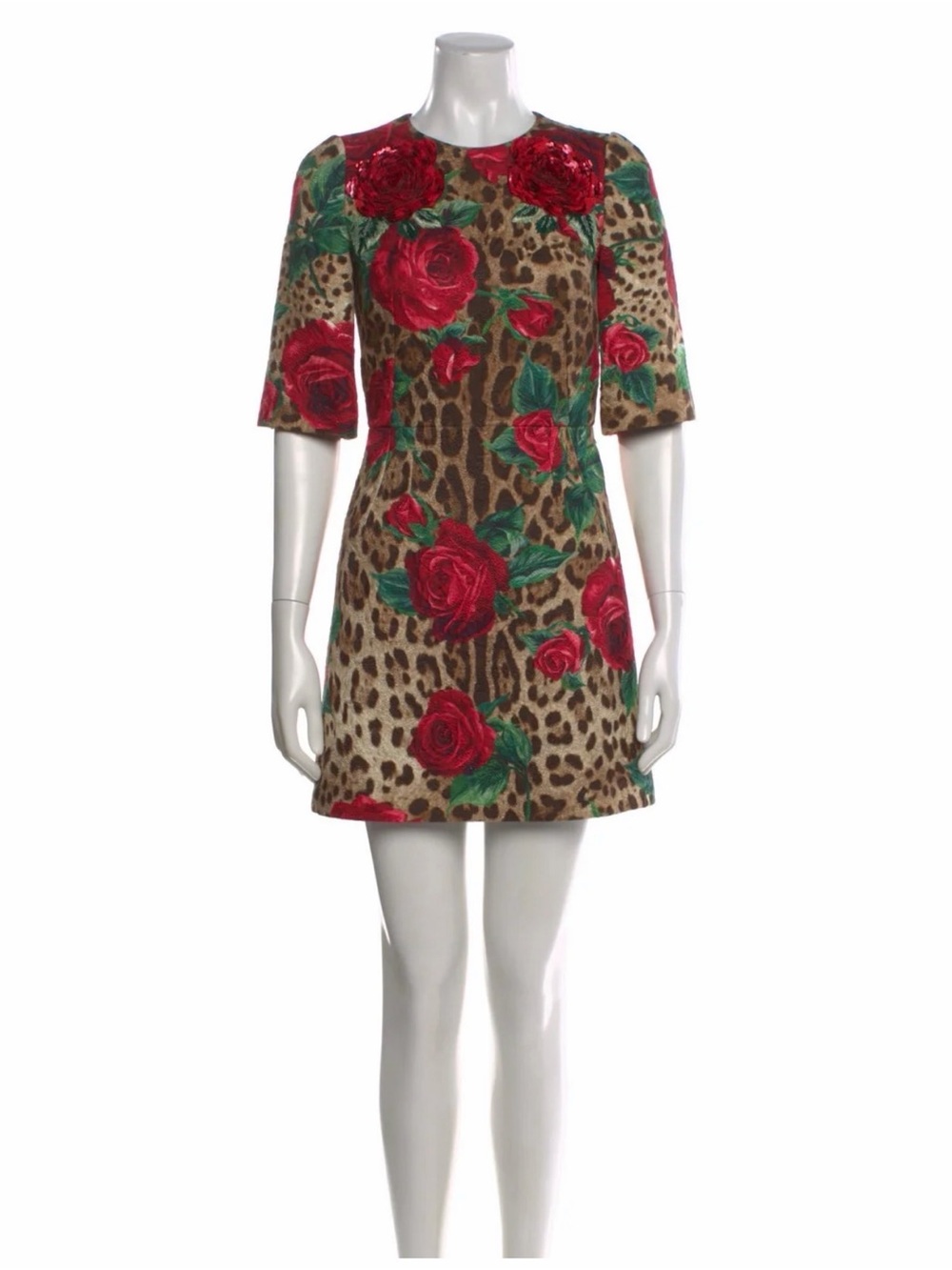 Dolce & Gabbana Red Rose Print Leopard-Accent Women's Dress Sz 40 worn once